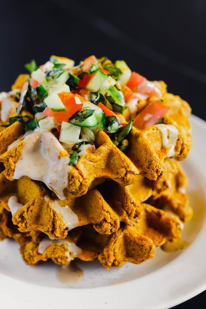 Savory Cheddar-Mashed Potato Waffles with Garlic Olive Oil